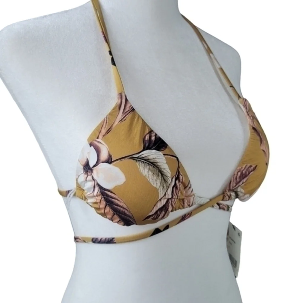 BCBG‎ MAXAZRIA Bikini Bra Top Size 2 Gold Strappy Halter Tri Tie Floral Swimsuit